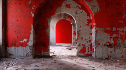 Abandoned industrial space with vibrant red walls and arched doorways revealing desolate interior spaces
