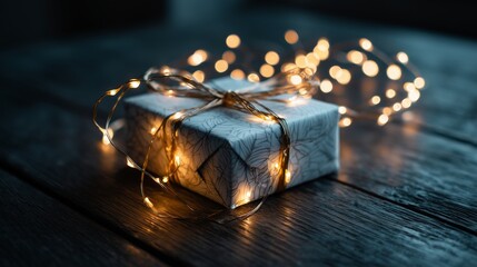 Gift wrapped in decorative paper with fairy lights glowing on rustic wooden surface