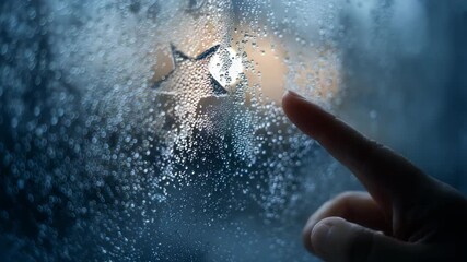 Close up of a hand drawing a star on a misted glass window with condensation, evoking feelings of nostalgia and warmth. The blurred lights outside add a magical, tranquil mood to the scene