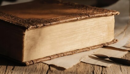 An ancient leather bound tome resting on a rustic wooden desk.