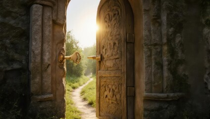 Ancient ornate wooden door opening to a sunlit forest path.