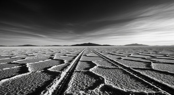 Tire tracks creating a path into the distance on a vast salt flat. Black and white minimalist landscape. Metaphor for journey progress and business strategy. Natural abstract pattern