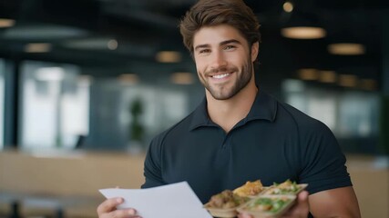 Athletic coach holding a weekly lineup of container meals in a modern gym office, explaining nutrition strategy to a trainee, representing professional diet coaching, meal prep for fitness goals,