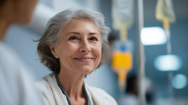 Faceless senior woman undergoing chemotherapy with nurse defocused treatment room background IV therapy in progress compassionate cancer care patient support moment healthcare