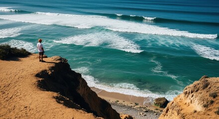Male adult traveler on a cliff edge overlooking the ocean. Scenic coastal landscape with powerful waves. Adventure travel and exploration lifestyle for personal growth and freedom