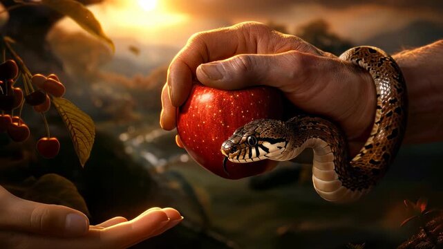 Adam's hand with coiled serpent offers forbidden red apple to Eve's open hand in a vibrant garden paradise. Symbolic fall of man and divine expulsion.