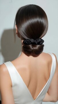 A stylish lady with glossy brown hair in a sleek low bun and a black scrunchie stands against a light background. Wearing a white satin dress, she exudes sophistication and contemporary elegance