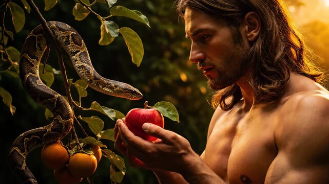 Adam deeply contemplates the vibrant red apple in his hands, a large coiled serpent watches from above in the lush, golden lit paradise garden of Eden.