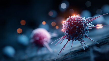 Cancer cell and T lymphocytes SEM image faceless microscopic visualization defocused scanning electron microscope background immune system interaction oncology research