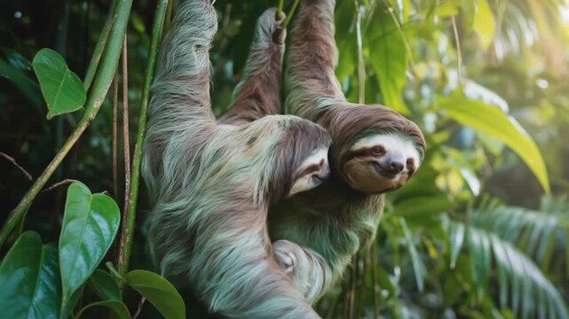 Two Brown Sloths Hanging Together in Lush Green Rainforest Sunlight Filtering Through Leaves Gentle Creatures In Natural Habitat