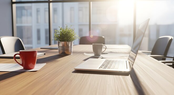 Modern office meeting room with laptop, coffee cups, and plant bathed in sunlight background