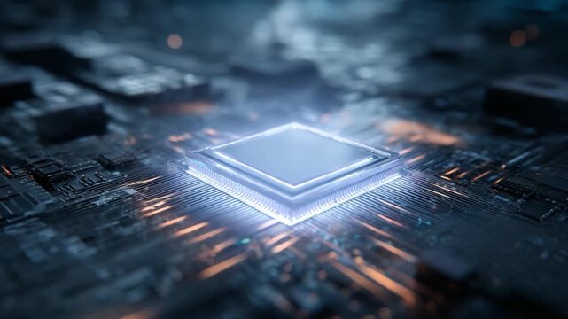 Technological Core: A close-up shot of a modern computer processor, glowing with an internal light, symbolizes the heart of modern technology and data processing.