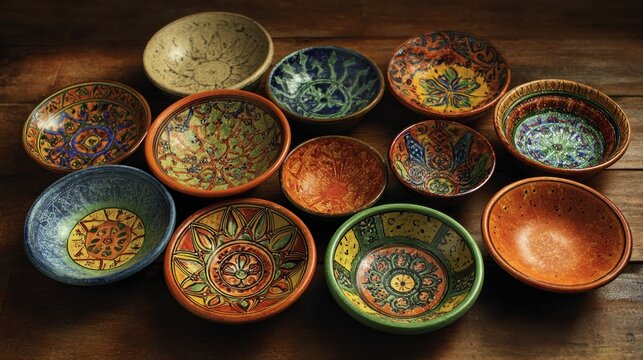 Hand-painted ceramic bowls in various colors and patterns