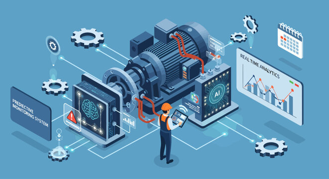 Isometric Predictive Maintenance: Technician Analyzing Real-Time Data on Industrial Motor Using AI-Powered Monitoring System for Enhanced Productivity
