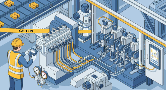 Isometric vector: Factory worker operating industrial machine, automated manufacturing process monitoring via digital tablet.