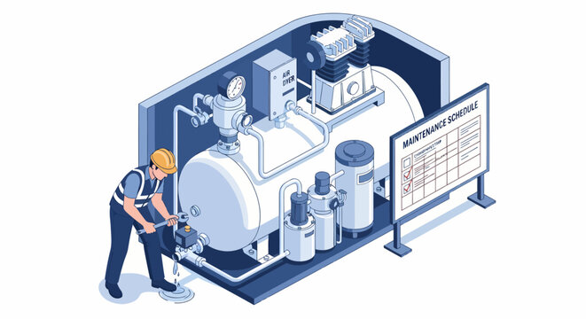 Isometric vector of air compressor maintenance worker fixing industrial equipment with schedule, for engineering designs and presentation templates.