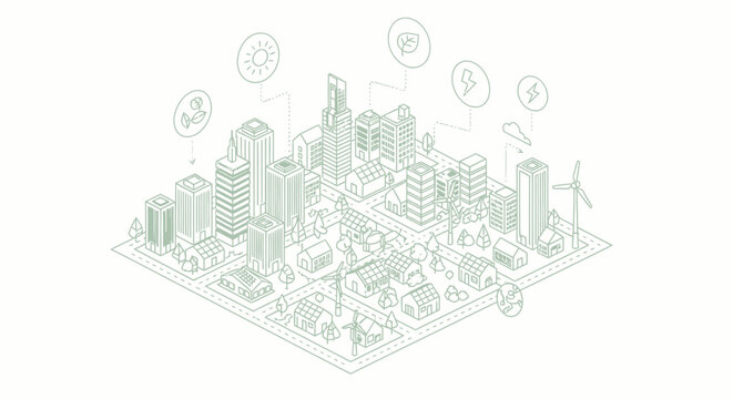 Green Energy Isometric City Vector: Sustainable Urban Development & Renewable Power Concept for Business & Infographics