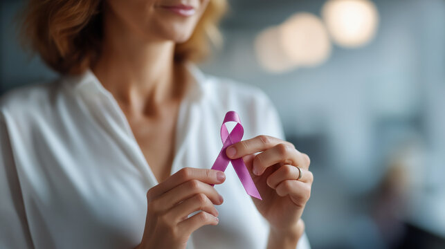 Faceless unrecognizable woman holding pink ribbon defocused clean white background oncology awareness symbol breast cancer support healthcare advocacy gesture cropped focus