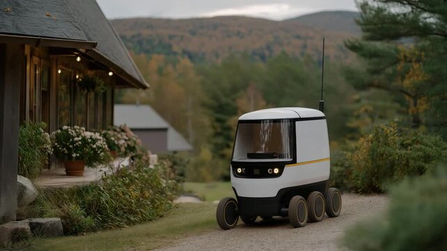 Compact robotic courier stopping near a farmhouse, emotion of curiosity visible, symbolizing modernization of remote communities through intelligent delivery vehicles and energy-efficient