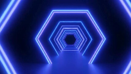 Futuristic neon hexagonal tunnel glowing with vibrant blue and purple light, leading into darkness. - Powered by Adobe