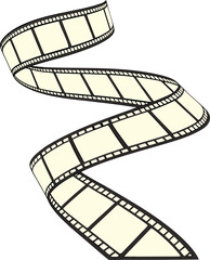 A stylized image depicts a film strip forming a continuous loop, suggestive of infinite film or a cinema concept. The film strip is a bright, shiny gold color, and the individual film frames are blank