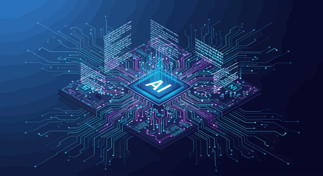 Isometric AI Processor: Neural Network, Machine Learning, and Data Processing in a Futuristic Technology Design