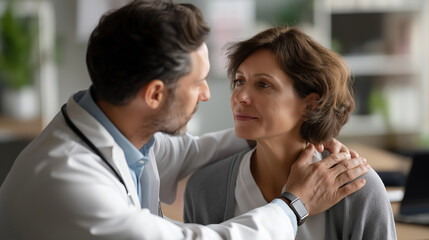 Faceless male doctor visiting female cancer patient defocused hospital room background care and compassion demonstration oncology support consultation medical test results