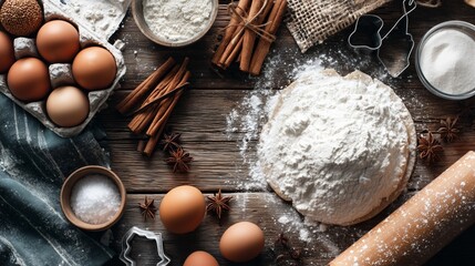 Baking preparation with flour, eggs, and spices on a wooden kitchen table in the morning light