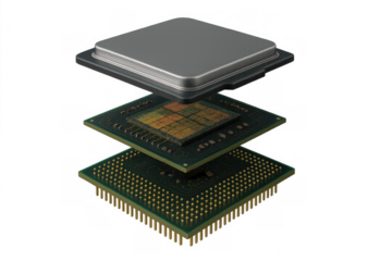 Cpu central processing unit exploded view showing internal microchip structures on transparent background