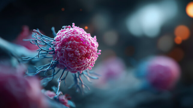 3D render of pink and blue cancer cell under magnification faceless cellular visualization slightly defocused background detailed cellular structure and texture oncology
