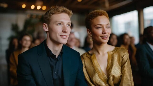 Diverse LGBTQ+ couples attending a group marriage registration ceremony, emotion of community and celebration visible, representing inclusive legal rights, social acceptance, and modern civil