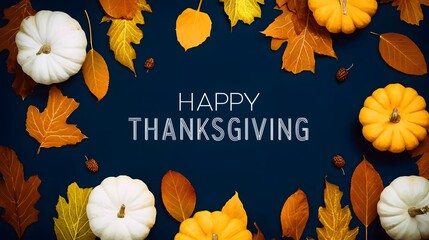 Dark-blue HD backdrop, yellow-orange leaves & pumpkins hug white “Happy Autumn” text, Instagram warmth evoking joyous Thanksgiving merriment