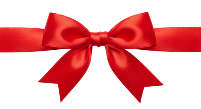 A vibrant red satin ribbon tied in a bow with streamers against a black background in a close up view