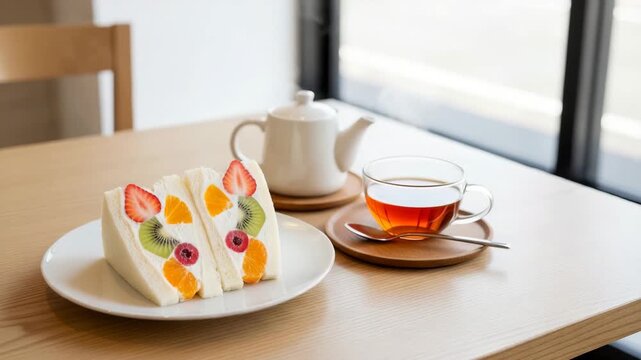 Colorful fruit  sando sandwich on plate with tea and teapot on table  