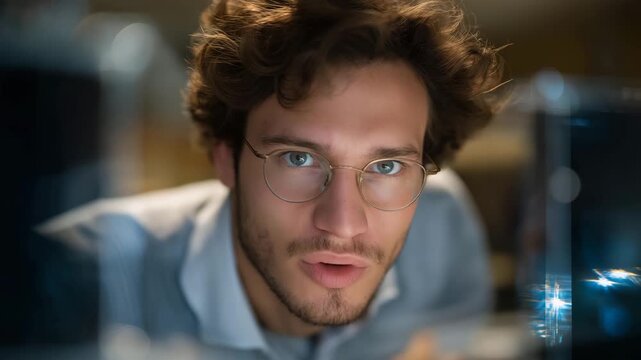 Engineer analyzing holographic coherence data projected above quantum test bench, emotion of curiosity visible, representing machine learning in quantum physics and advanced photonics visualization