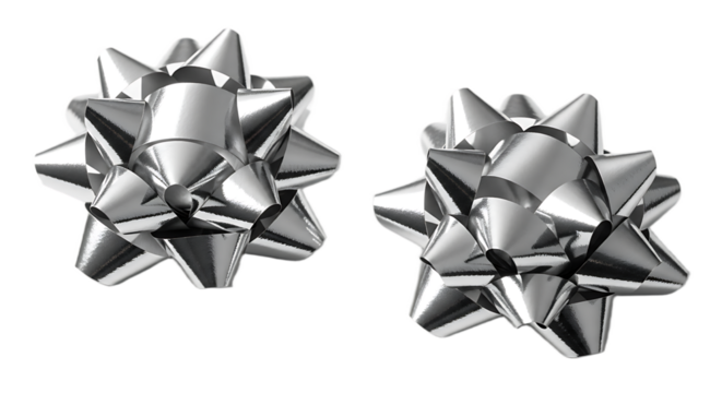 Two shiny silver gift bows isolated on a black background for gifts and holiday decorations
