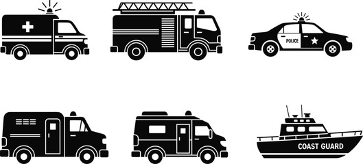 Emergency vehicle vector, ambulance, fire truck, police car, SWAT van, rescue van, coast guard boat, silhouette icon set © MdNurunnabi
