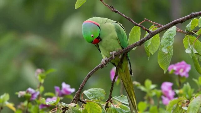 Vibrant green parrot perched on a branch among soft purple flowers, its head bowed in a moment of natural repose.