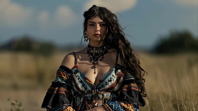 This moving image showcases a female wanderer, adorned in colorful garments and jewels, posing in a grassy field during daylight. She embodies the spirit of a Romany traveler, roamer, and sojourner