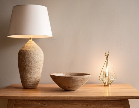 console table with ceramic bowl and lamp in rustic interior minimalist home decor with natural textures