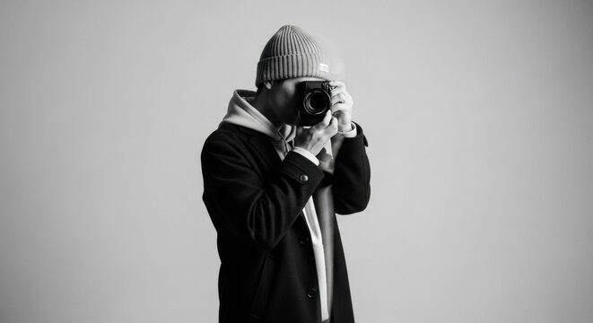 Anonymous male photographer holding a camera with flash. Creative professional capturing a moment. Modern urban artist lifestyle. Minimalist black and white visual for content creation