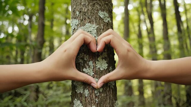 Close-up of human hands forming a heart shape in front of a tree trunk, concept of love nature and conservation, forest background