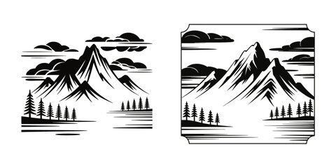 Detailed Mountain Landscape Engraving Style Vector Illustration Set
