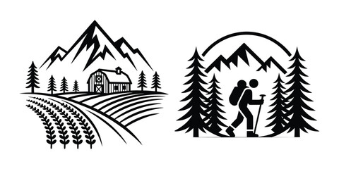 Mountain Landscape with Hiker and Farm Illustration Vector