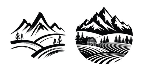 Brush Stroke Farm Mountain Logo Vector Illustration Set
