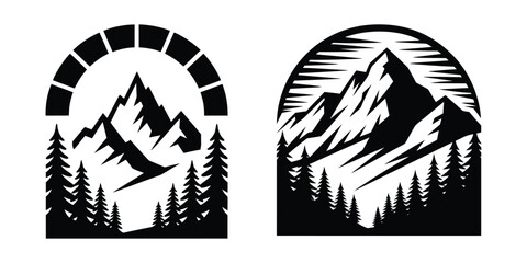 Mountain Forest Arch Engraving Vector Logo Set