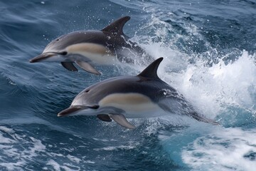 Fototapeta premium Dolphins Jumping out of Ocean Waves in a Playful Display Near the Coast