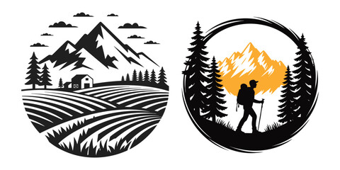 Farm Hiking Mountain Agriculture Vector Logo Set