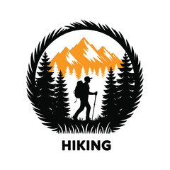 Hiking Man Mountain Forest Orange Vector Logo Icon