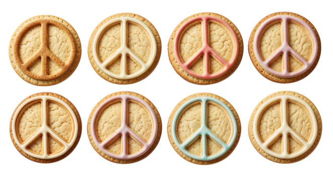 Peace sign cookies in various colors and designs 